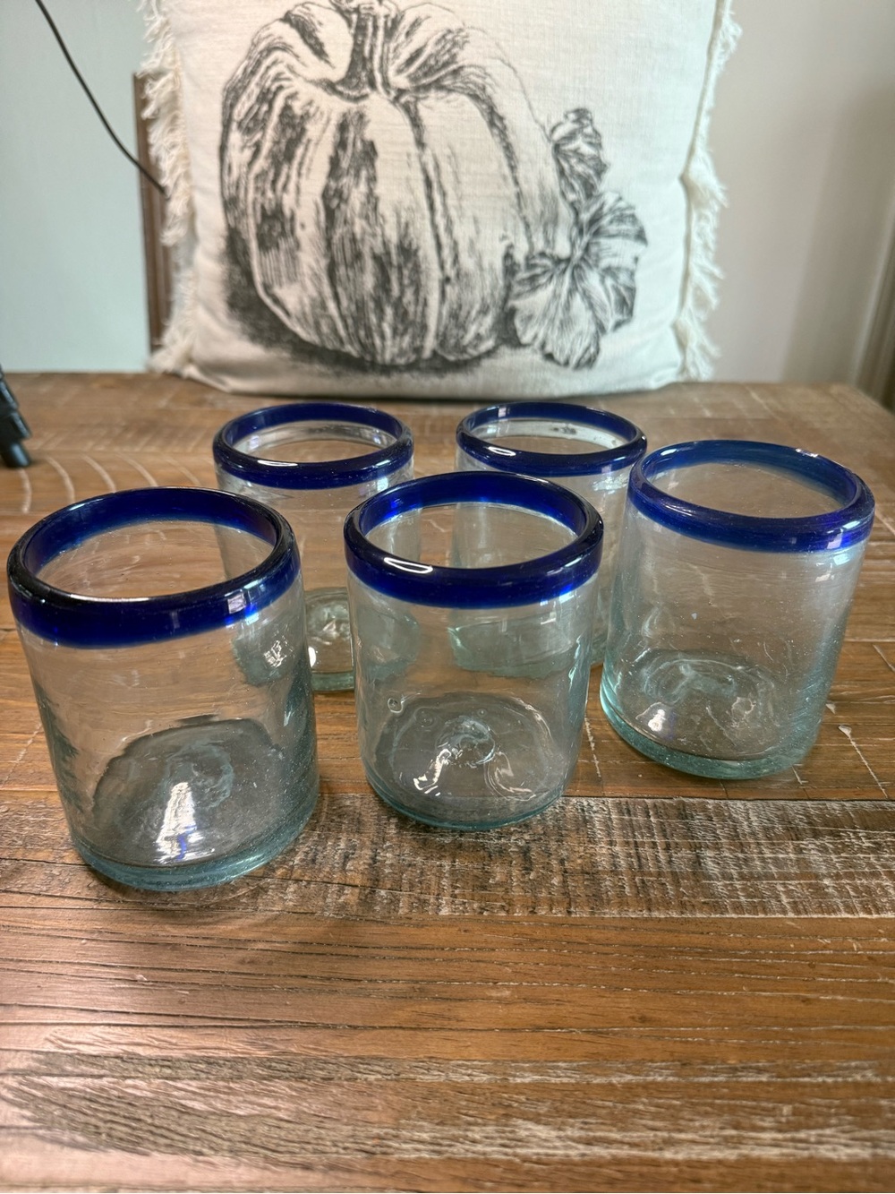 Set of 5 Mexican Hand Blown Cobalt Blue Rim Lowball Rocks Glasses